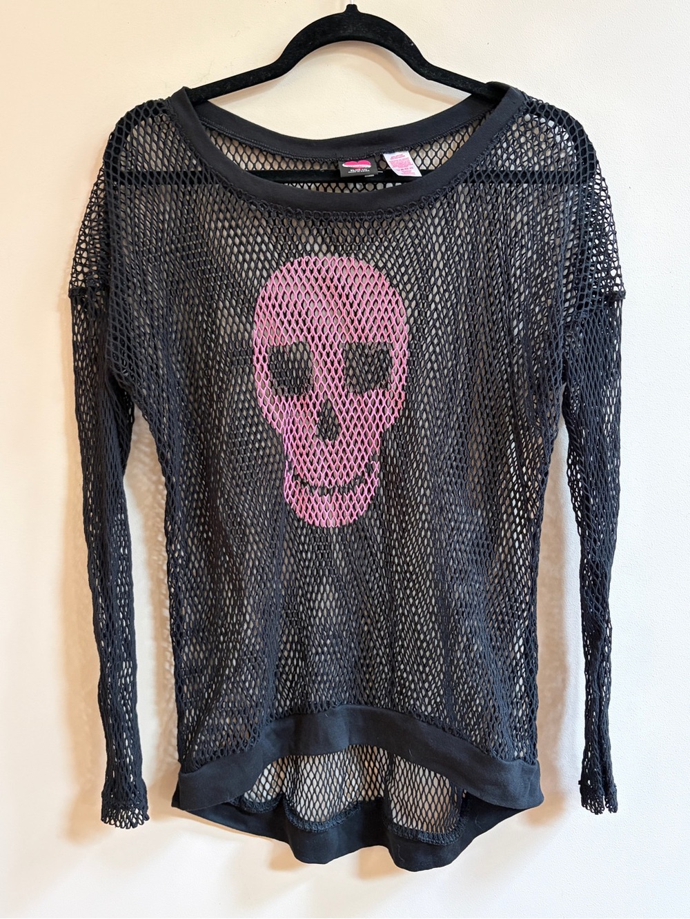Hard Candy Y2K Pink & Black Fishnet Skull Mesh Sheer Long Sleeve Shirt Goth Top